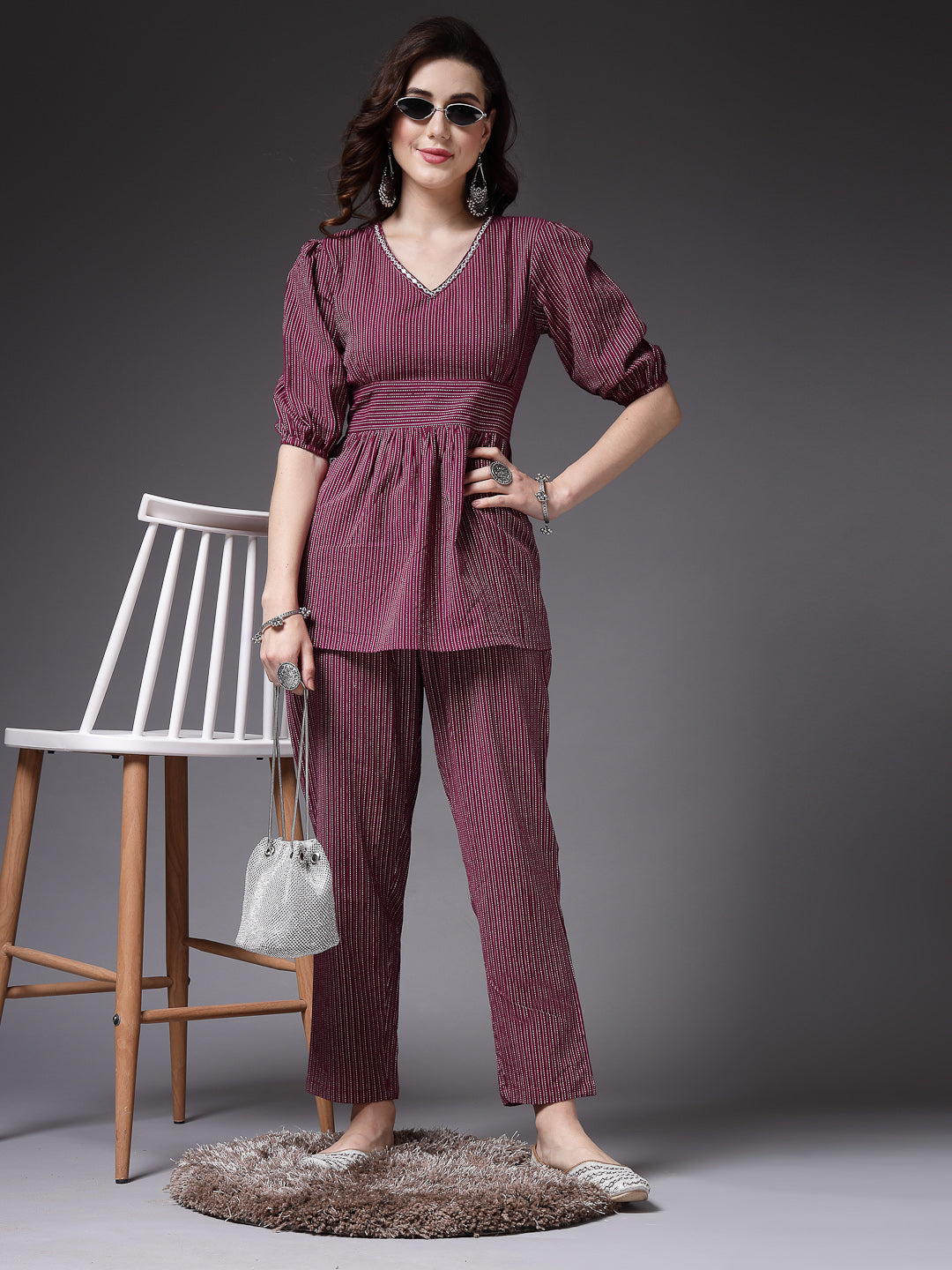 Women's Self Woven Kantha Cotton Maroon Co-Ord Set