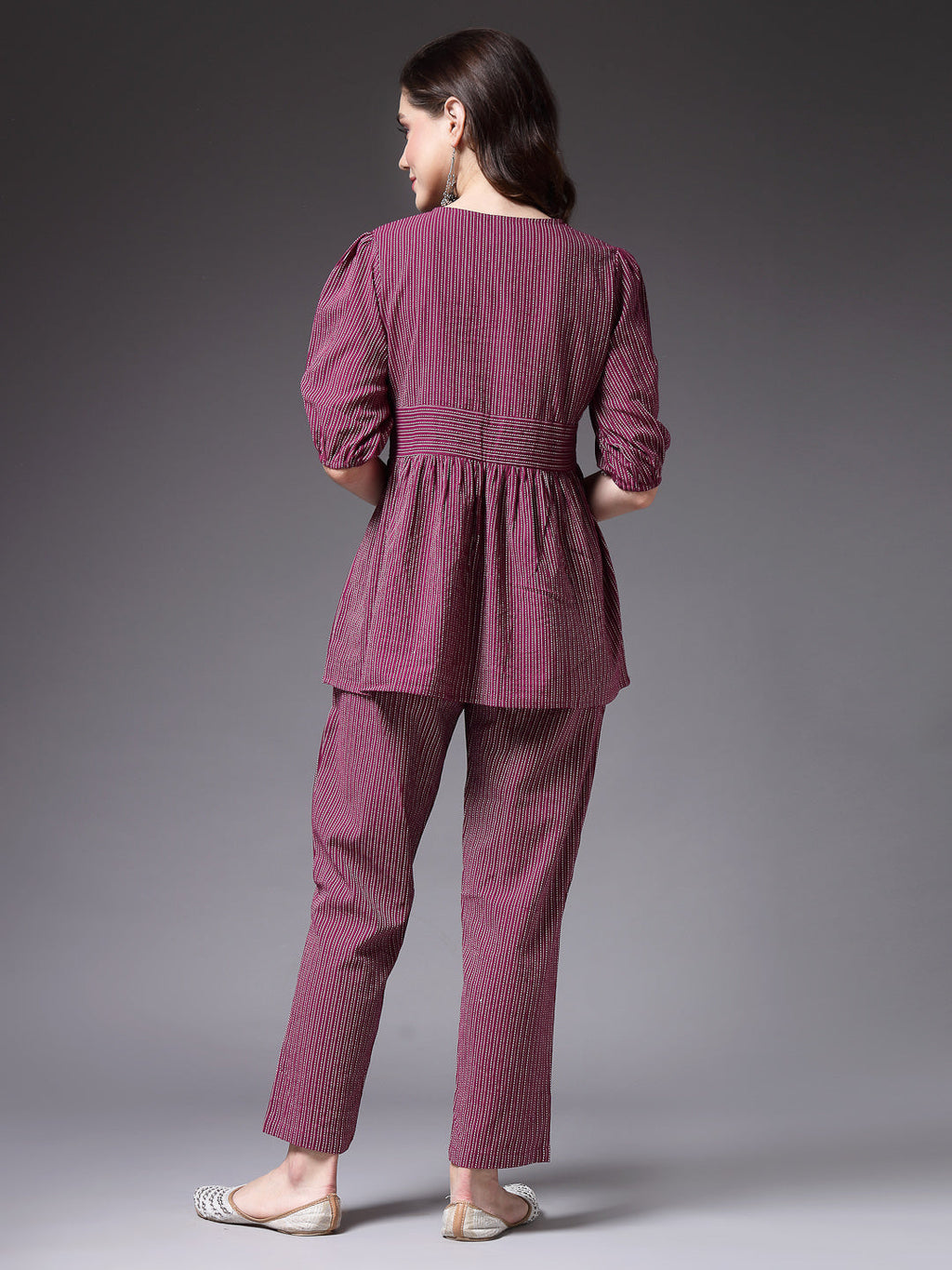 Women's Self Woven Kantha Cotton Maroon Co-Ord Set