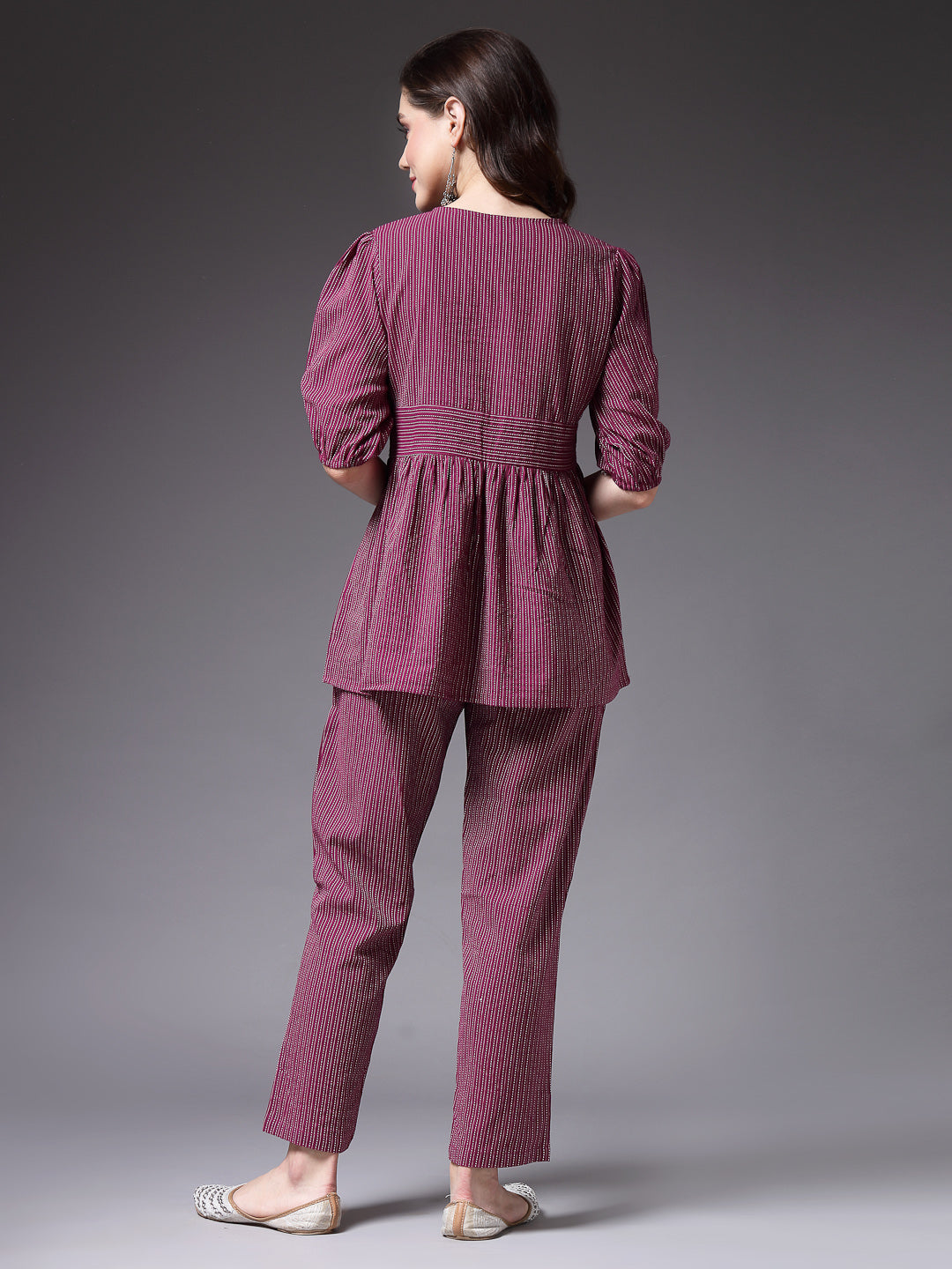 Women's Self Woven Kantha Cotton Maroon Co-Ord Set