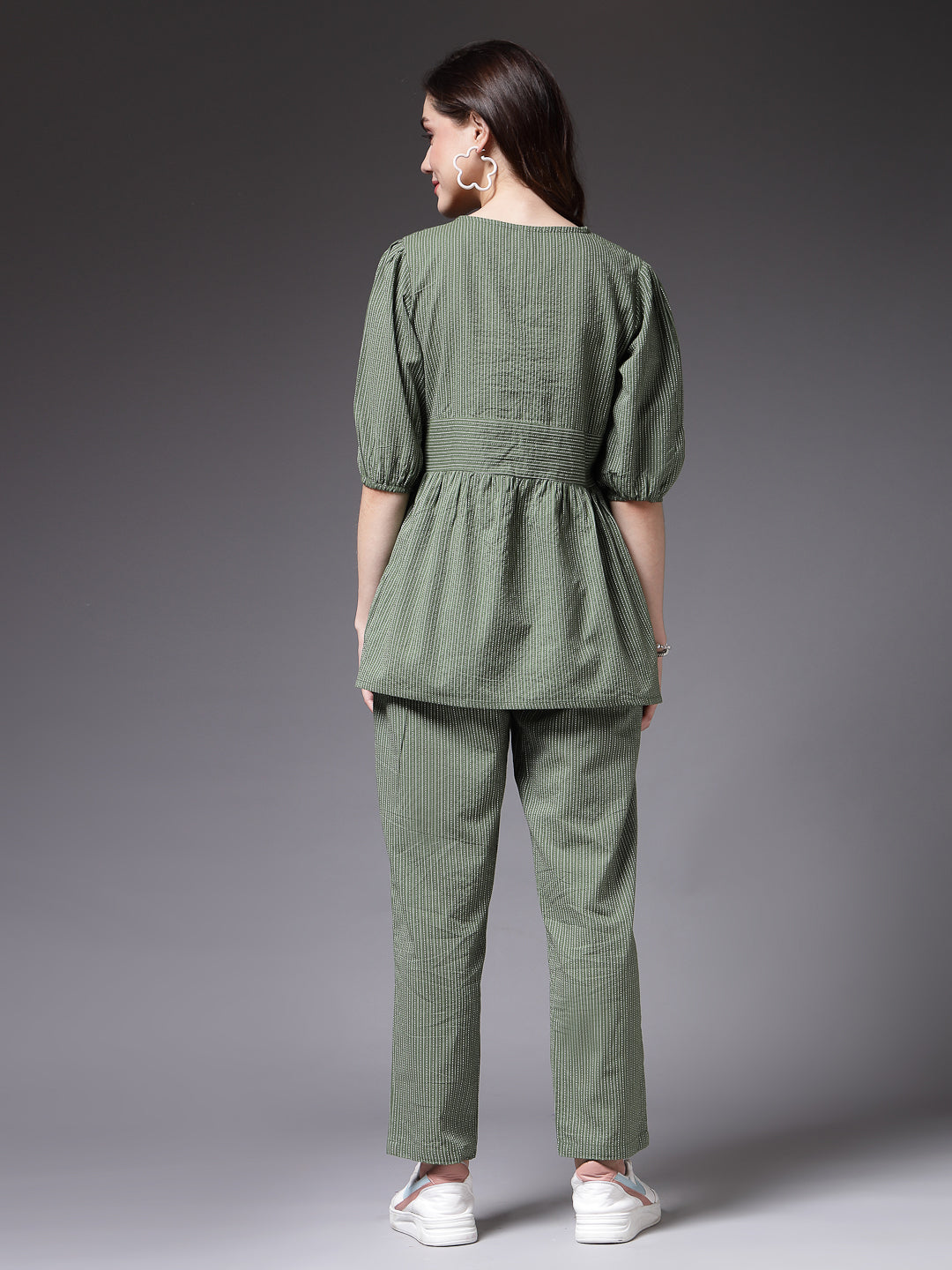 Women's Self Woven Kantha Cotton Green Co-Ord Set