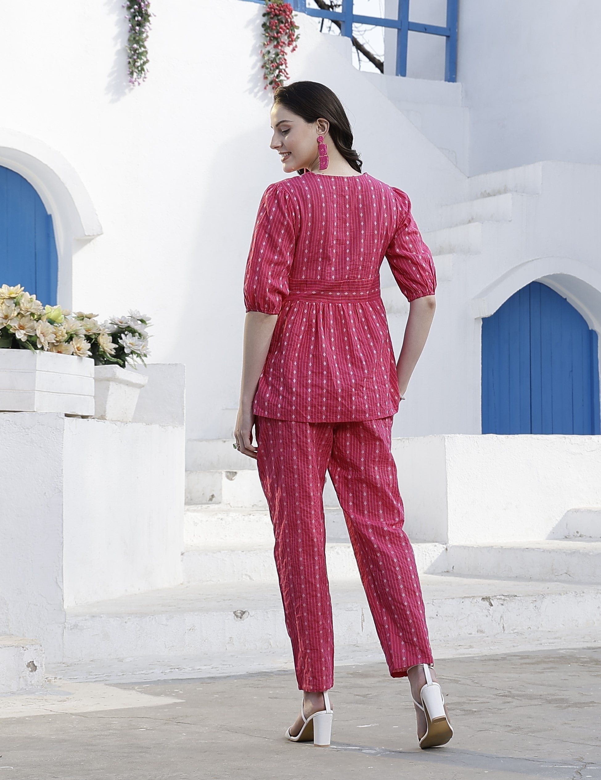 Women's Woven Design Cotton Pink Co-Ord Set