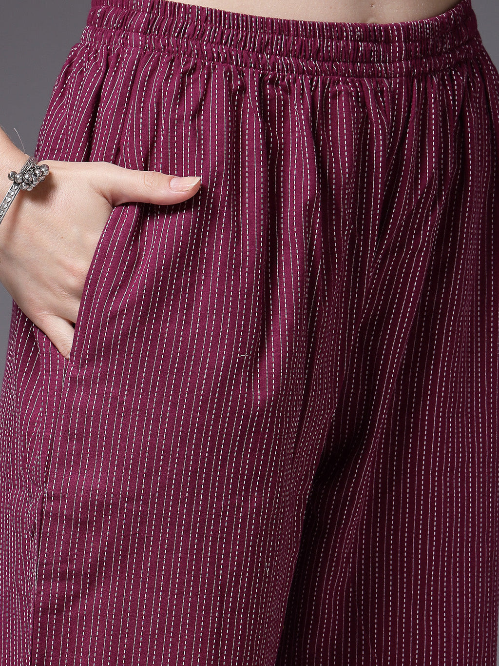 Women's Self Woven Kantha Cotton Maroon Co-Ord Set