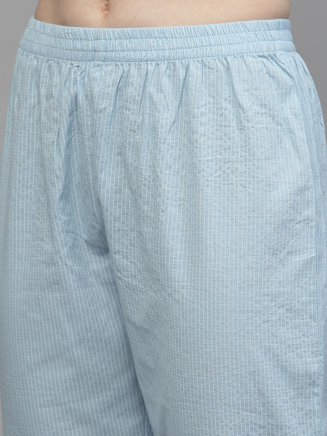 Women's Self Woven Kantha Cotton Sky Blue Cord Set