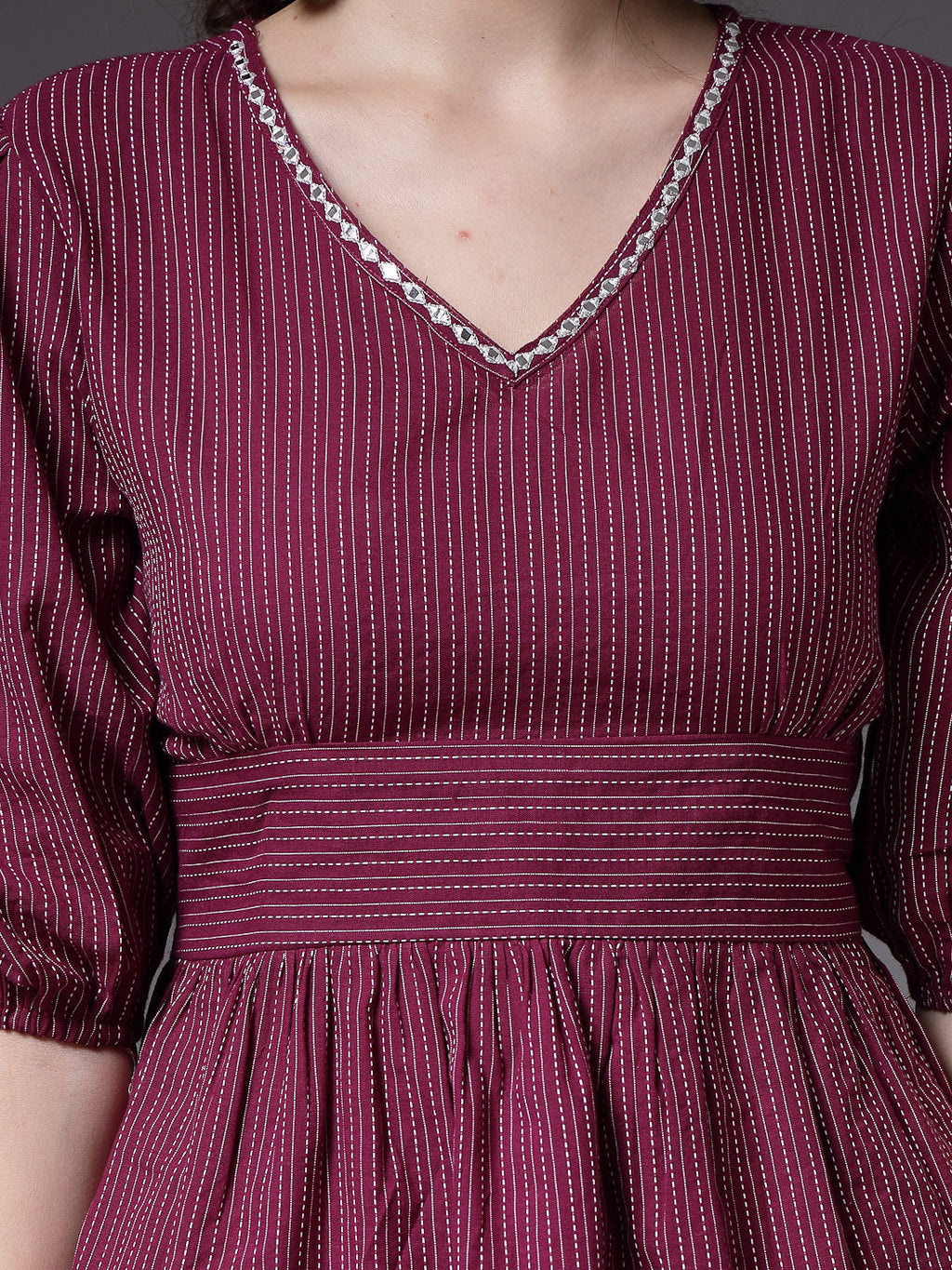 Women's Self Woven Kantha Cotton Maroon Co-Ord Set