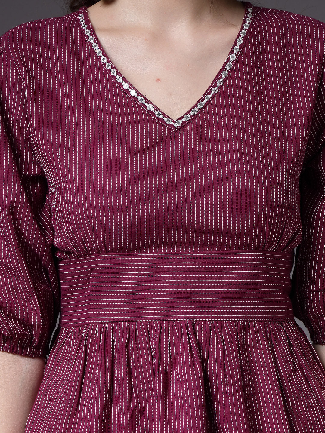 Women's Self Woven Kantha Cotton Maroon Co-Ord Set