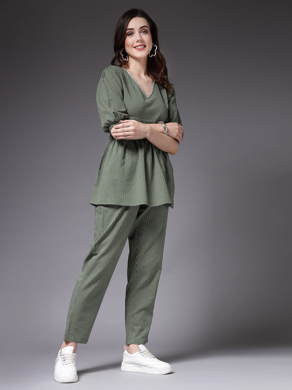 Women's Self Woven Kantha Cotton Green Co-Ord Set