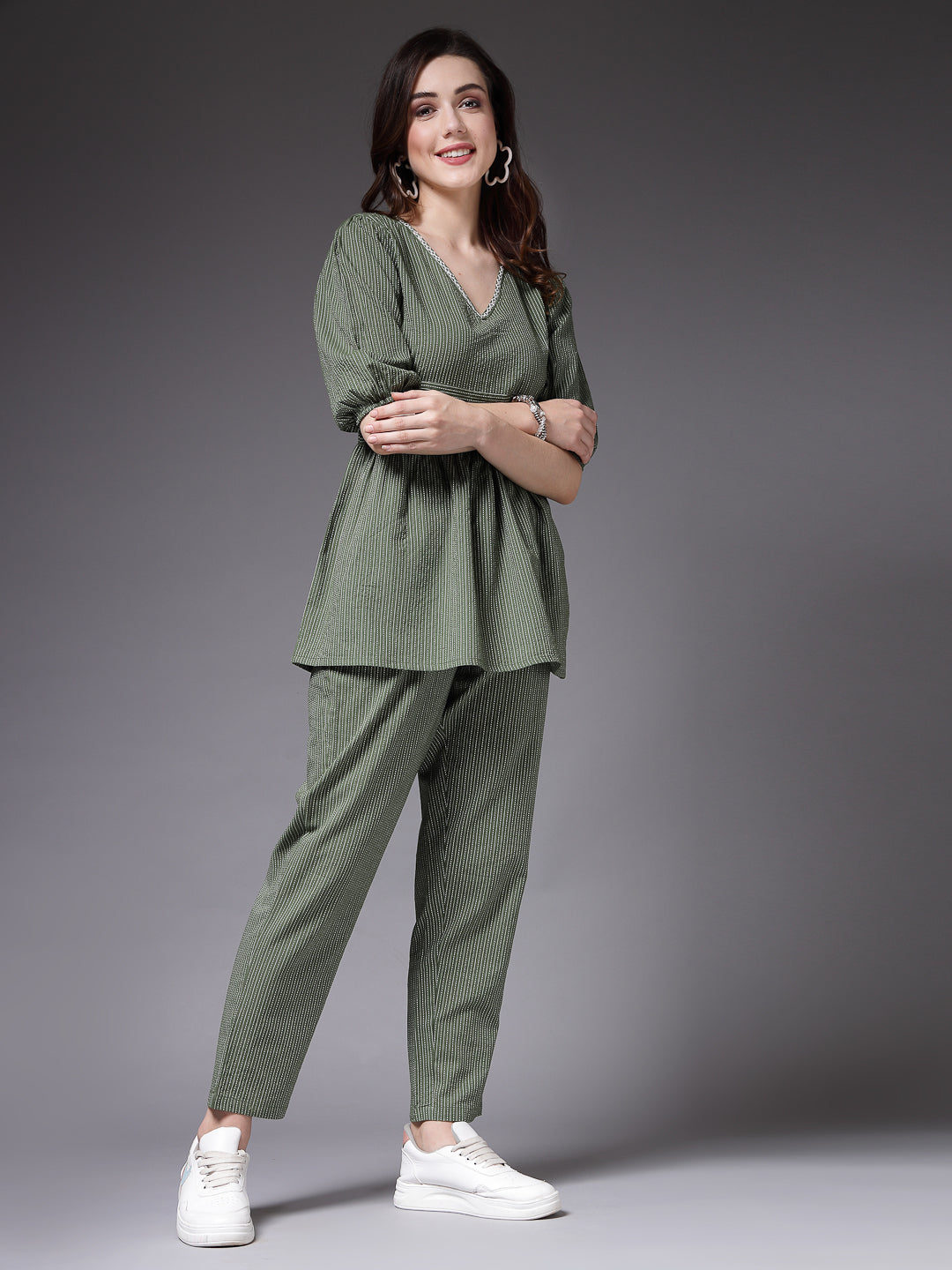 Women's Self Woven Kantha Cotton Green Co-Ord Set