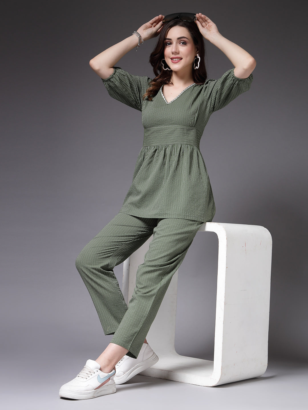 Women's Self Woven Kantha Cotton Green Co-Ord Set