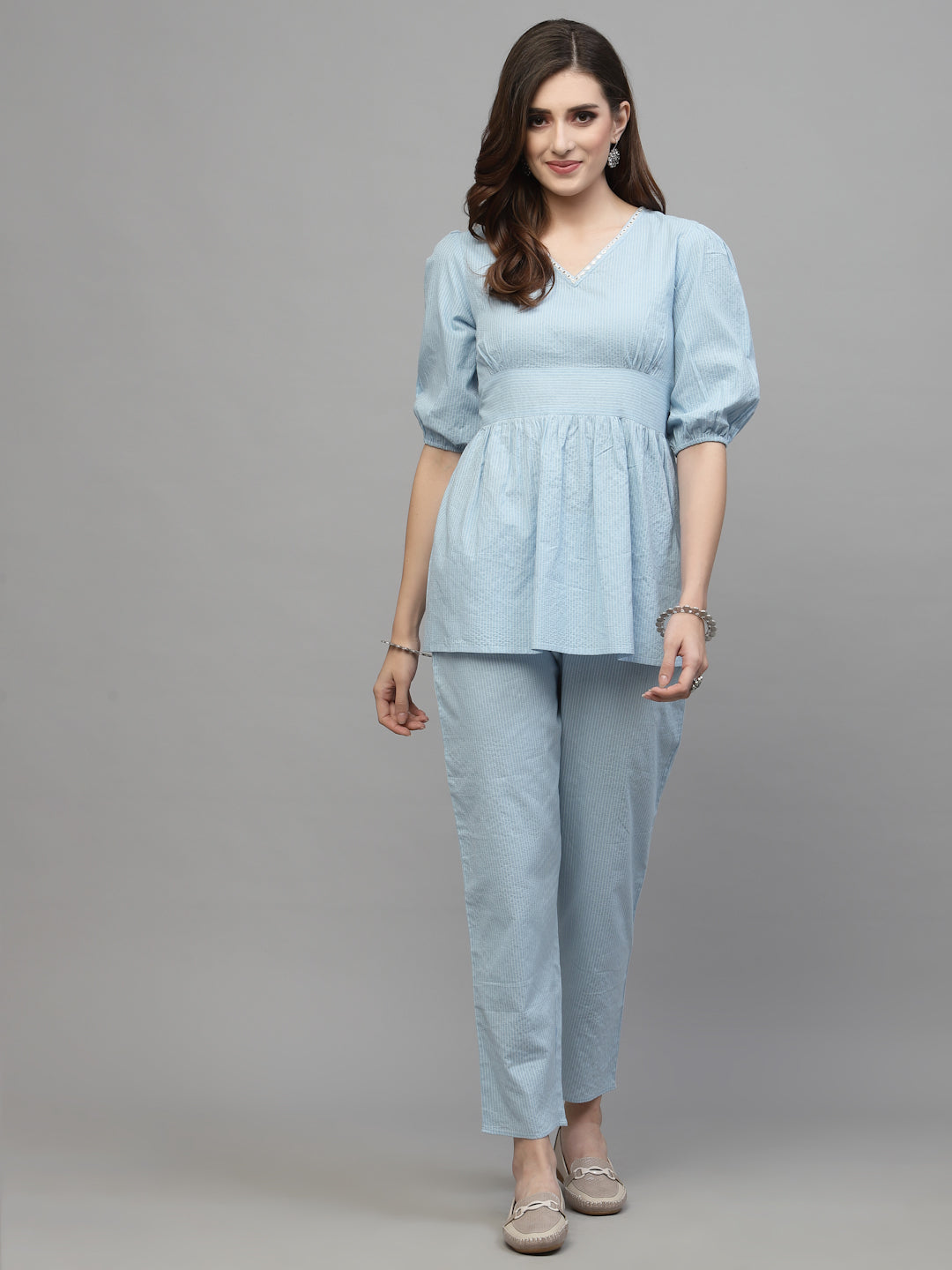 Women's Self Woven Kantha Cotton Sky Blue Cord Set