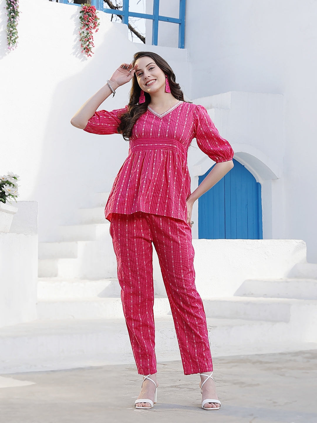 Women's Woven Design Cotton Pink Co-Ord Set