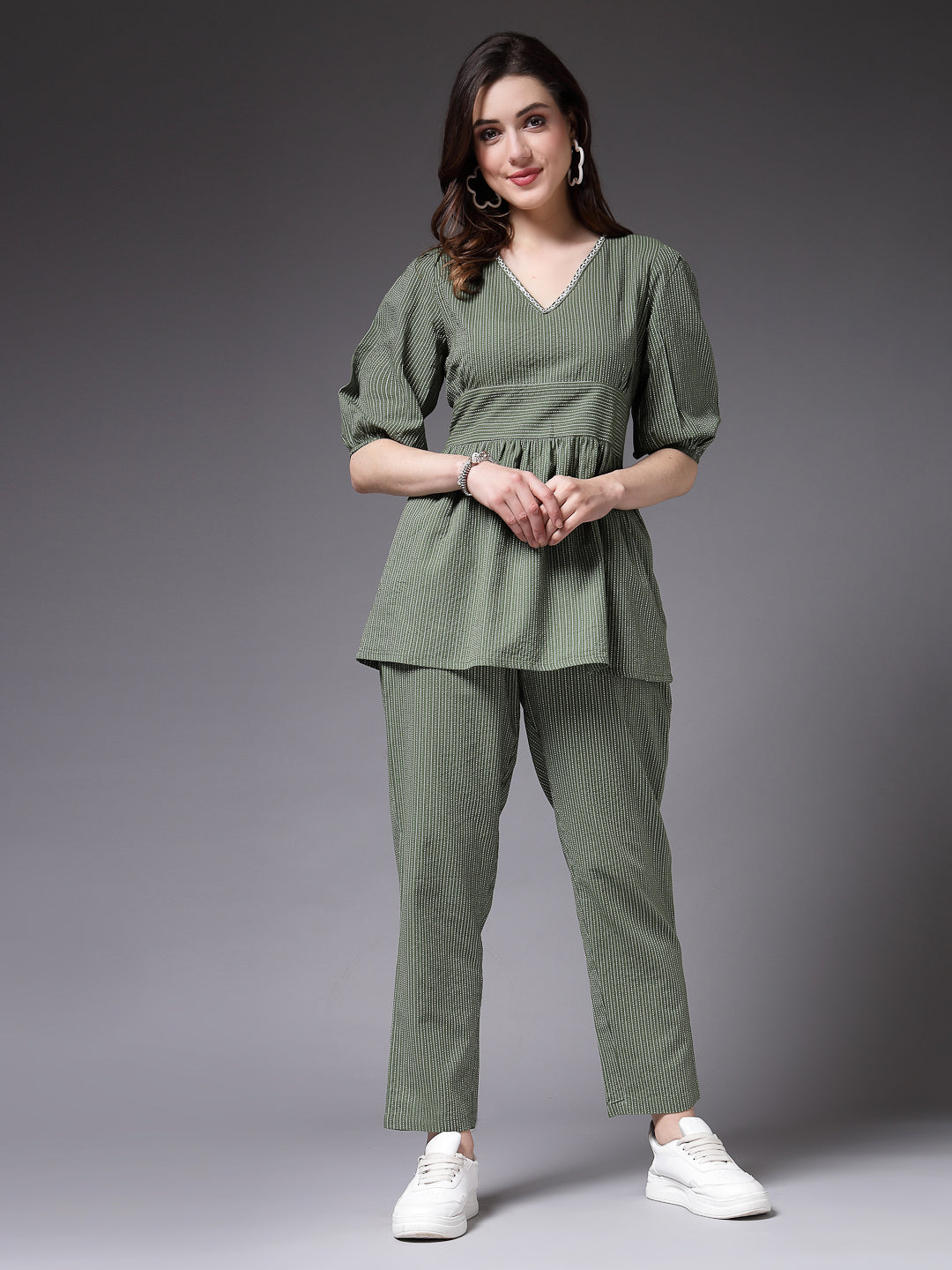 Women's Self Woven Kantha Cotton Green Co-Ord Set