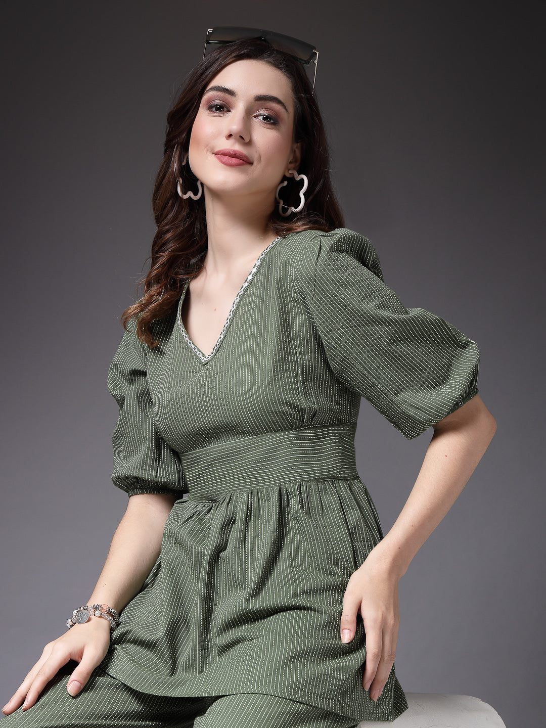 Women's Self Woven Kantha Cotton Green Co-Ord Set