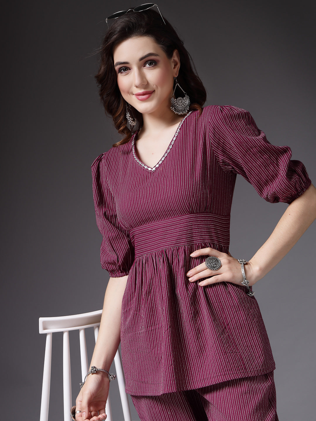 Women's Self Woven Kantha Cotton Maroon Co-Ord Set